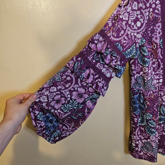 Style & Co Boho Purple Floral Flower Tunic Top 100% Nylon Size Medium M - Picture 2 of 10